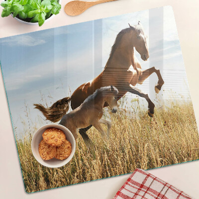 Snijplanken glas Paarden in een weide in de zon