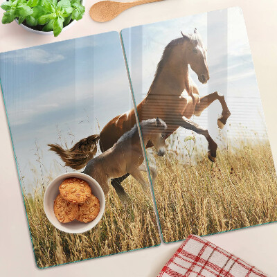 Snijplanken glas Paarden in een weide in de zon