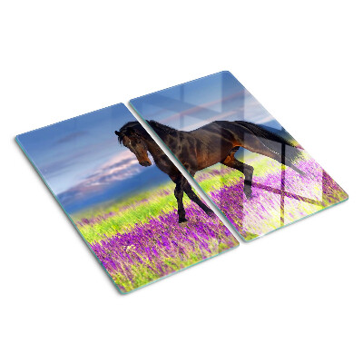 Snijplanken glas Paard tegen een achtergrond van paarse bloemen