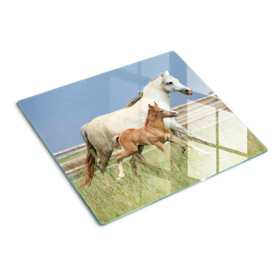 Snijplanken glas Een paard met een veulen in een weide