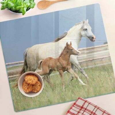 Snijplanken glas Een paard met een veulen in een weide