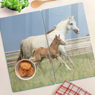 Snijplanken glas Een paard met een veulen in een weide