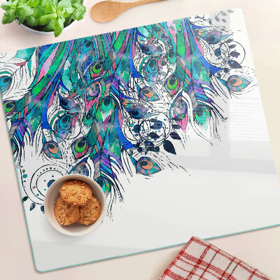Glazen snijplanken Pauwenveren in groene en blauwe kleuren