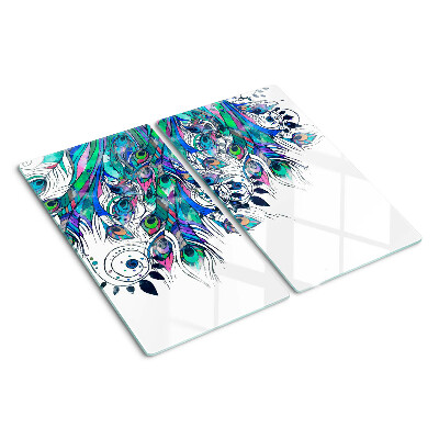 Glazen snijplanken Pauwenveren in groene en blauwe kleuren