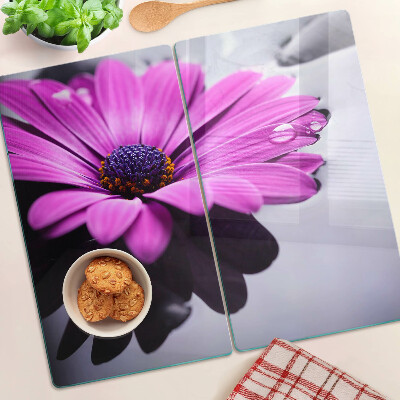 Snijplanken glas Paarse bloem met waterdruppels