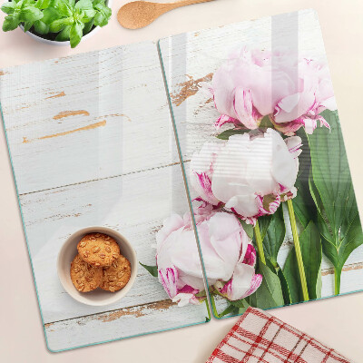 Snijplanken glas Pioenrozen op een houten achtergrond