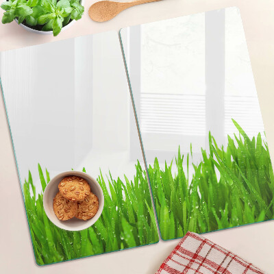 Glazen snijplanken Groen gras met waterdruppels