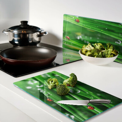 Snijplanken glas Waterdruppels op gras met lieveheersbeestjes