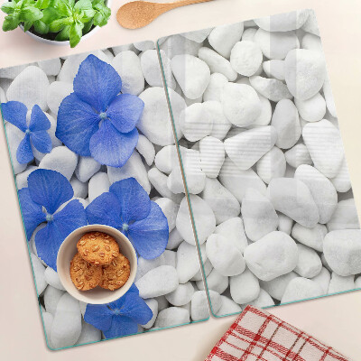 Glazen snijplanken Blauwe bloemen op witte stenen