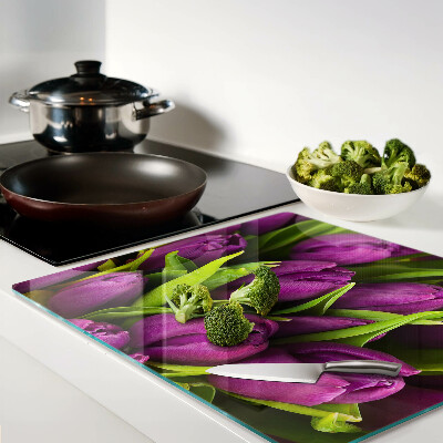 Snijplanken glas Paarse tulpen met groene bladeren