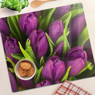 Snijplanken glas Paarse tulpen met groene bladeren