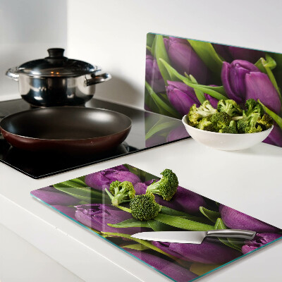 Snijplanken glas Paarse tulpen met groene bladeren