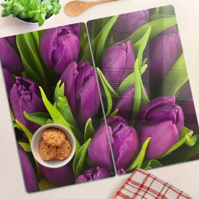 Snijplanken glas Paarse tulpen met groene bladeren