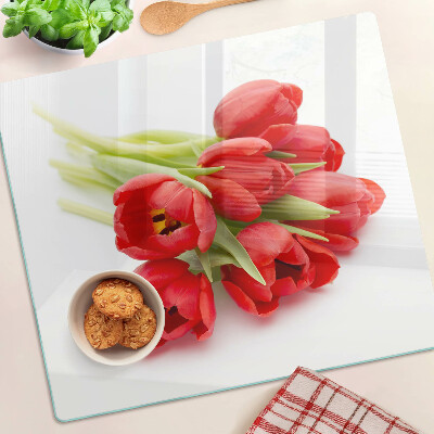 Snijplanken glas Rode tulpen op een witte achtergrond