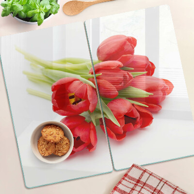 Snijplanken glas Rode tulpen op een witte achtergrond