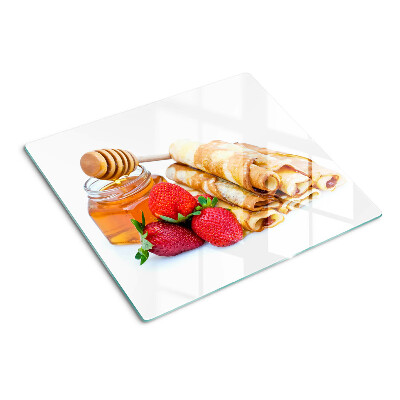 Snijplanken glas Pannenkoeken met honing en aardbeien