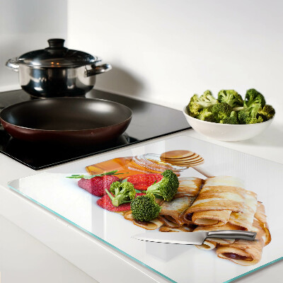 Snijplanken glas Pannenkoeken met honing en aardbeien