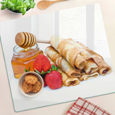 Snijplanken glas Pannenkoeken met honing en aardbeien