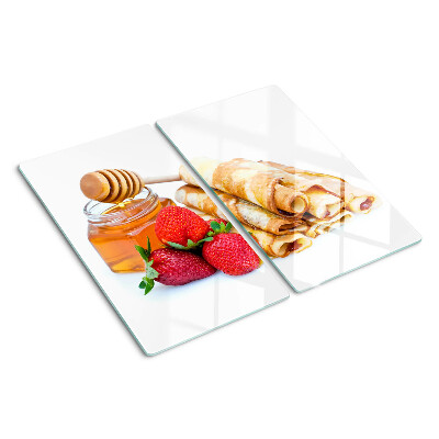 Snijplanken glas Pannenkoeken met honing en aardbeien