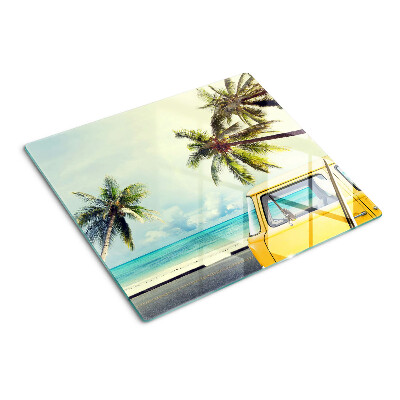 Snijplanken glas Strand met palmbomen en een auto