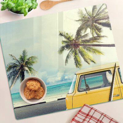 Snijplanken glas Strand met palmbomen en een auto