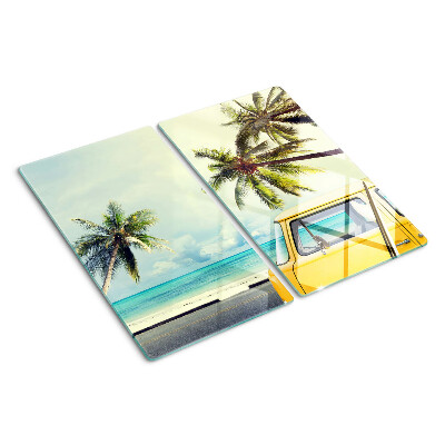Snijplanken glas Strand met palmbomen en een auto