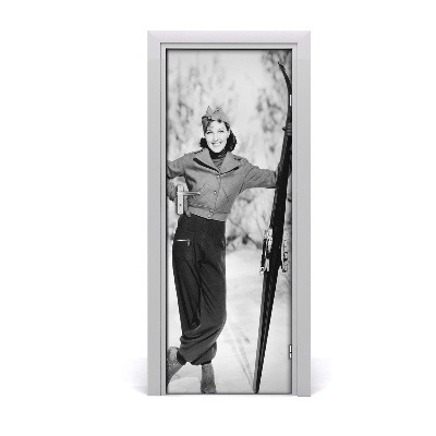 Deur sticker Vrouw met ski's