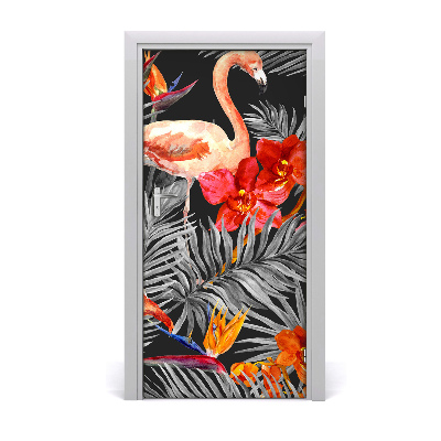 Deursticker Flamingo's en bloemen