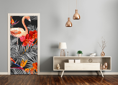 Deursticker Flamingo's en bloemen