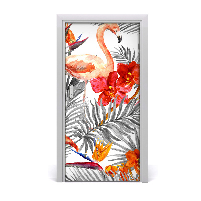 Deursticker Flamingo's en bloemen