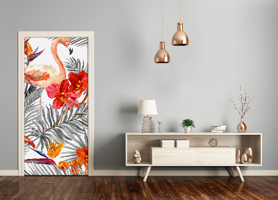 Deursticker Flamingo's en bloemen