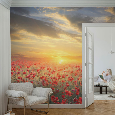 Vliesbehang fotobehang woonkamer met ontwerp van papaver in veld