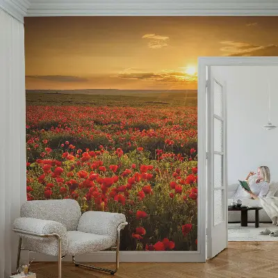 Fotobehang woonkamer met het Papaverveld-motief