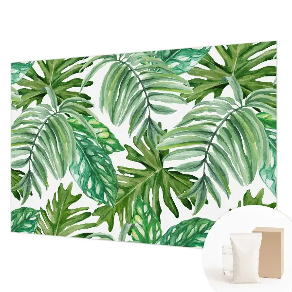 Vliesbehang Fotobehang Woonkamer met een motief van exotische bladeren