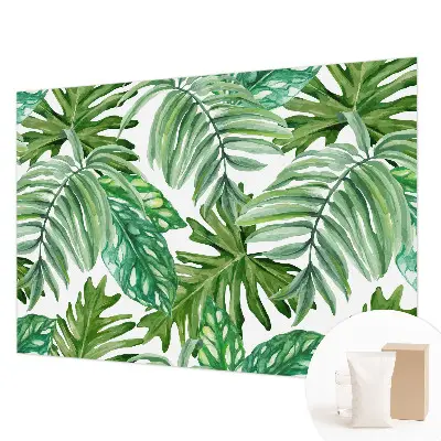 Vliesbehang Fotobehang Woonkamer met een motief van exotische bladeren