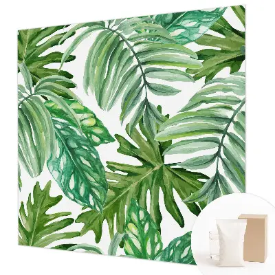 Vliesbehang Fotobehang Woonkamer met een motief van exotische bladeren