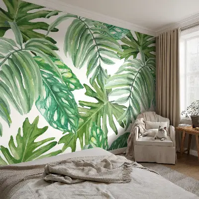 Vliesbehang Fotobehang Woonkamer met een motief van exotische bladeren