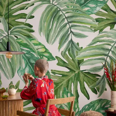 Vliesbehang Fotobehang Woonkamer met een motief van exotische bladeren