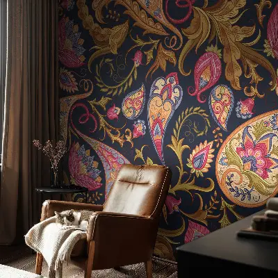 Vliesbehang fotobehang woonkamer met een kleurrijk paisley-patroon