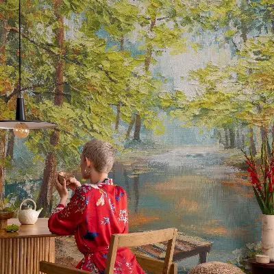 Vliesbehang fotobehang woonkamer met een idyllisch meer
