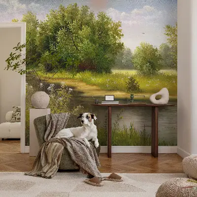 Behang met print met een landelijk landschap als motief