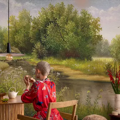 Behang met print met een landelijk landschap als motief
