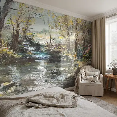 Vliesbehang fotobehang woonkamer met het motief 'Bosbeek' voor in de woonkamer