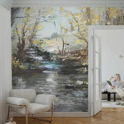 Vliesbehang fotobehang woonkamer met het motief 'Bosbeek' voor in de woonkamer