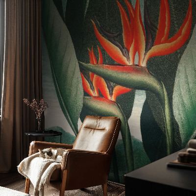Sfeervol fotobehang met een patroon van exotische bloemen