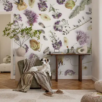 Fotobehang woonkamer met gedroogde bloemen als motief