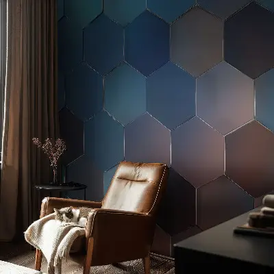 Vliesbehang fotobehang woonkamer in blauw met zeshoekpatroon