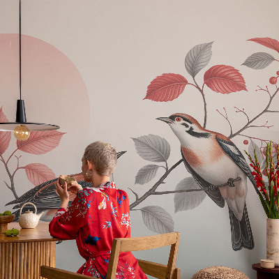 Vliesbehang fotobehang woonkamer met een afbeelding van zittende vogels
