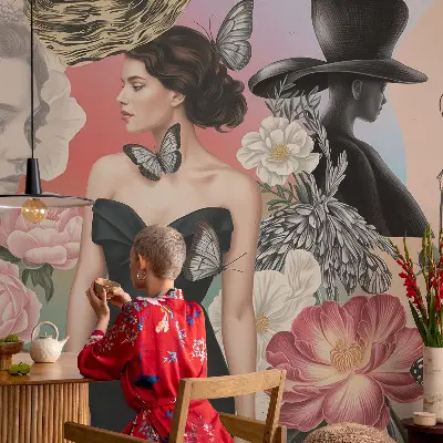 Modern fotobehang met bloemen- en portretmotieven