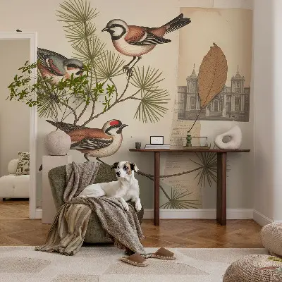 Sfeervol fotobehang met een vogelcollage